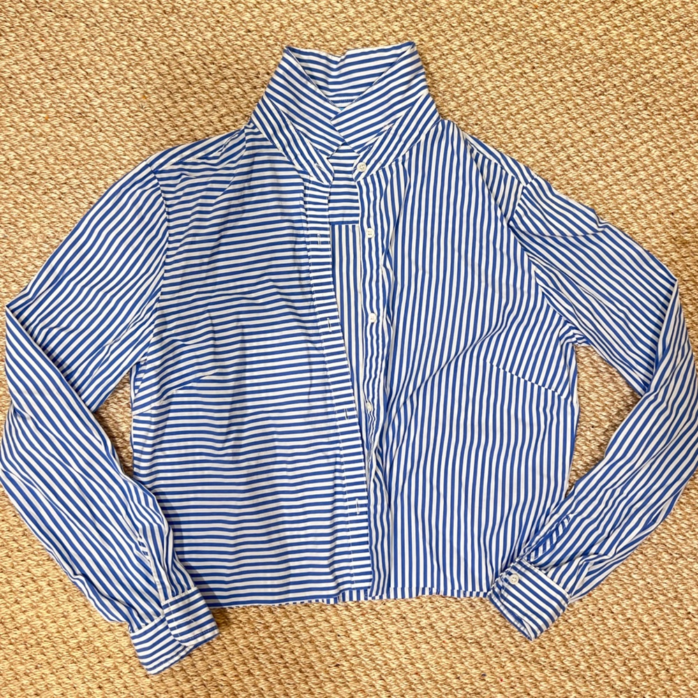 J MCLAUGHLIN super cute blue striped cropped raw hem button down oxford shirt L